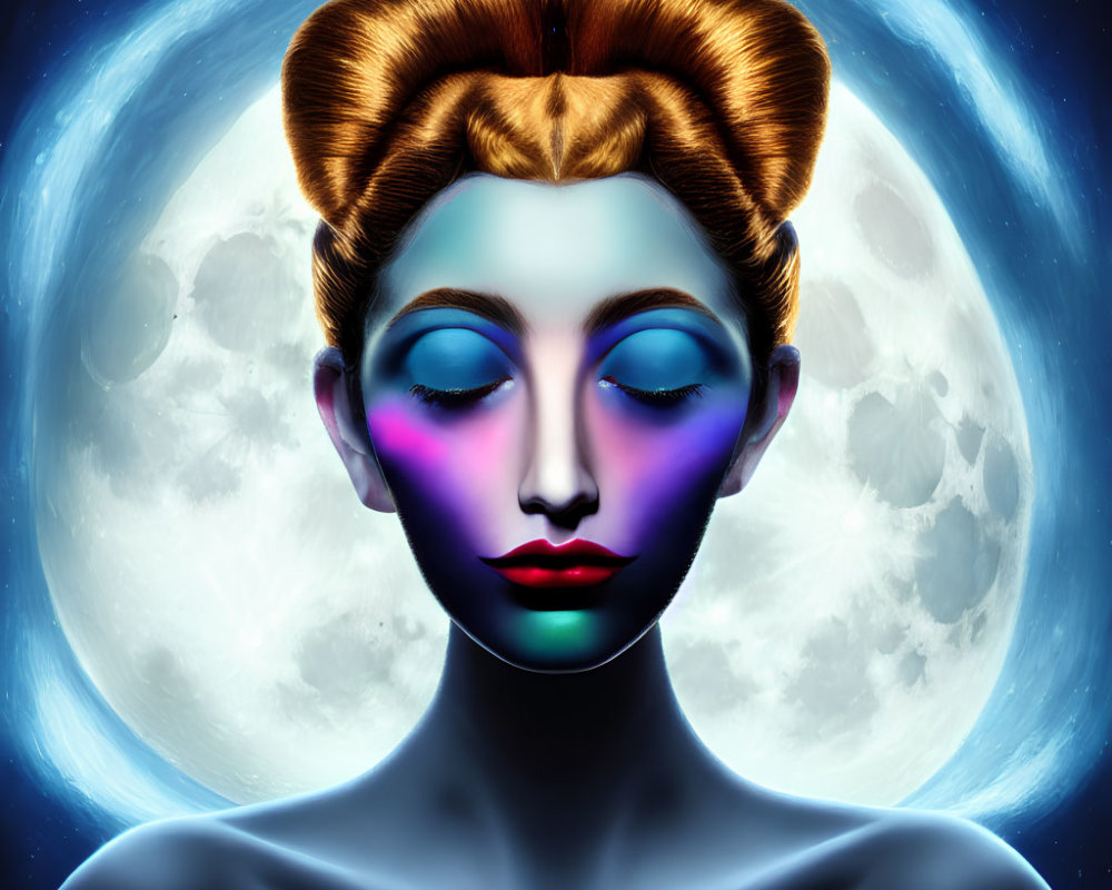 Vibrant blue and green makeup on woman with moon and stars backdrop