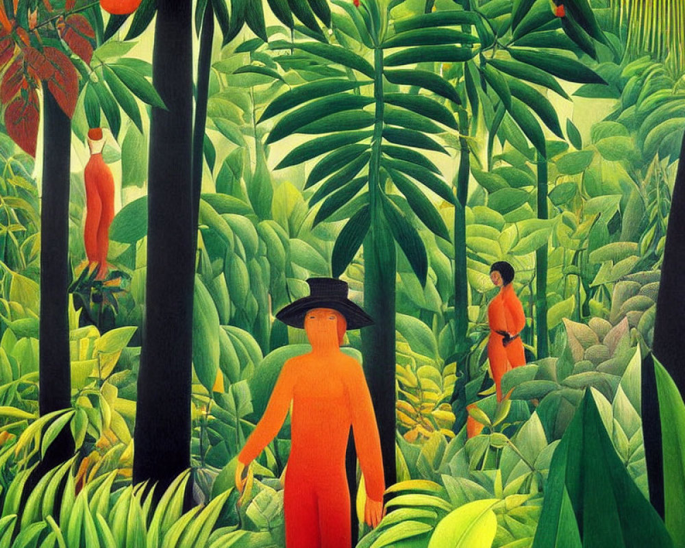 Colorful painting of orange figures in lush green jungle with red birds