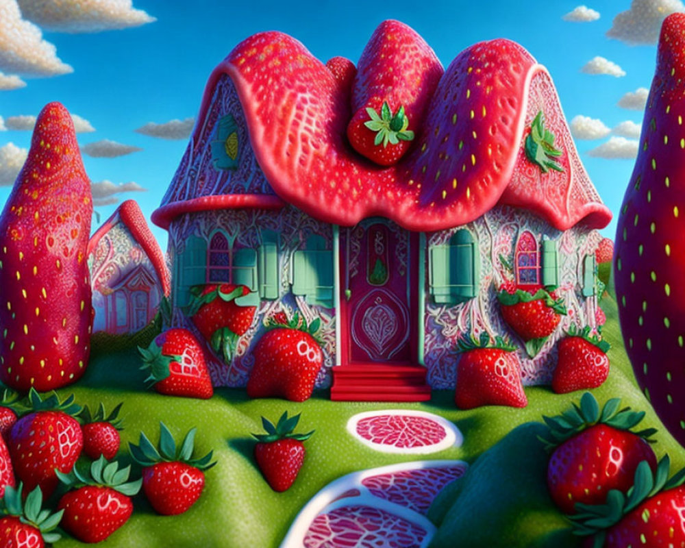 Strawberry-shaped house in a strawberry field under a blue sky