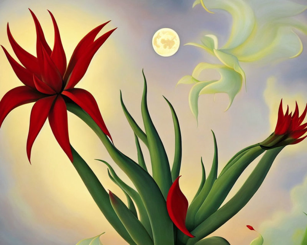 Vibrant red flowers and pale moon in surreal painting