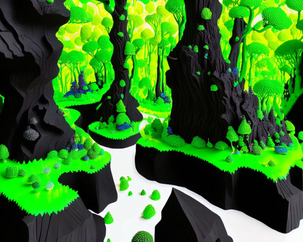 Neon green foliage on black tree trunks in surreal forest