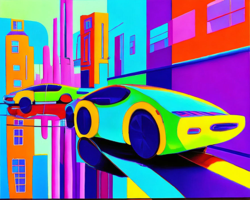 Abstract Neon Cityscape with Futuristic Flying Cars and High-rise Buildings