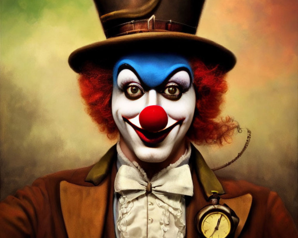 Colorful Clown with Blue and White Face, Red Nose, Top Hat, and Brown Suit