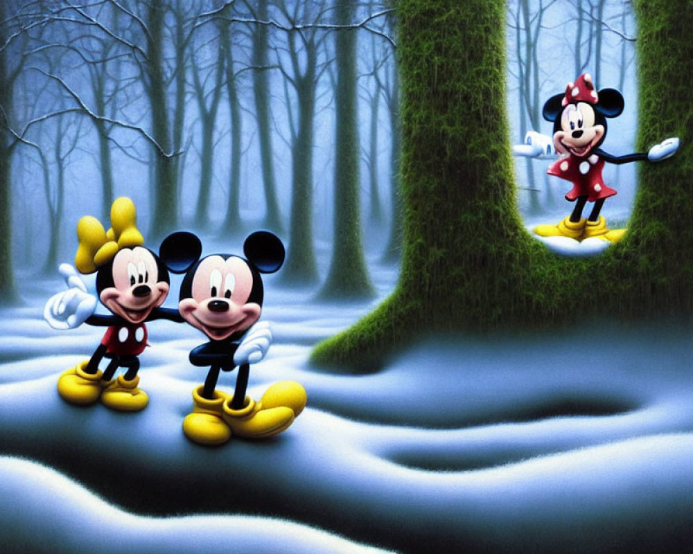 Cartoon characters ice skate in snowy forest setting.