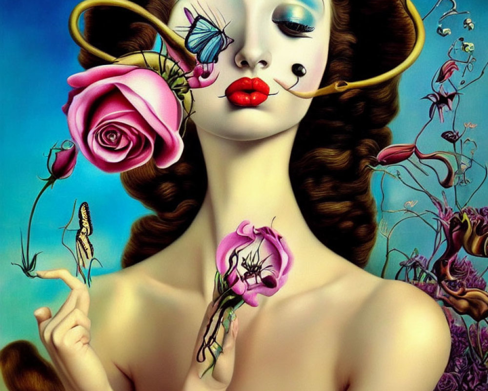 Surreal Woman Portrait with Floral Elements and Vibrant Colors