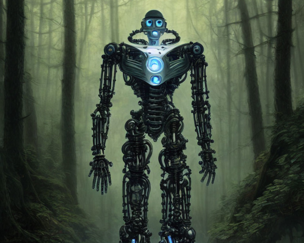 Blue glowing core humanoid robot in misty forest landscape