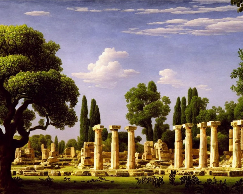 Tranquil landscape of ancient ruin with Doric columns amid lush trees