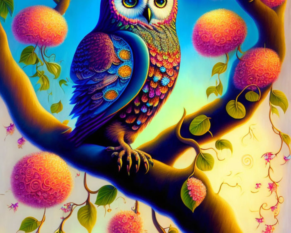 Vibrant owl painting on branch with surreal tree and pink fruits