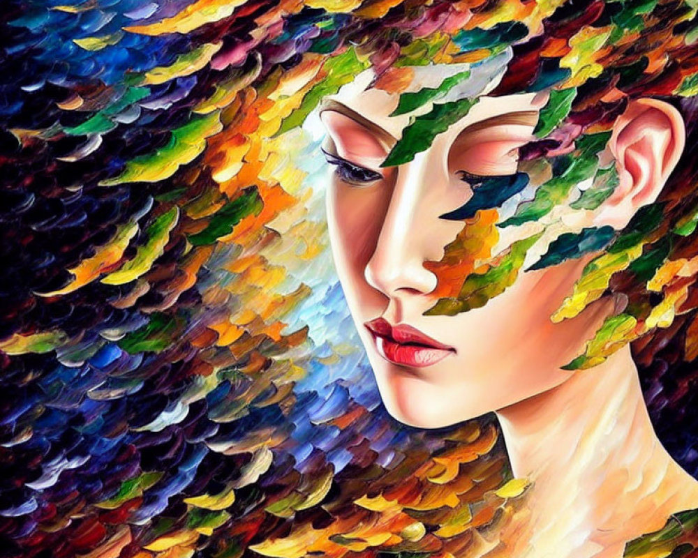 Colorful Abstract Painting of Woman's Profile with Feather-Like Hair Strokes