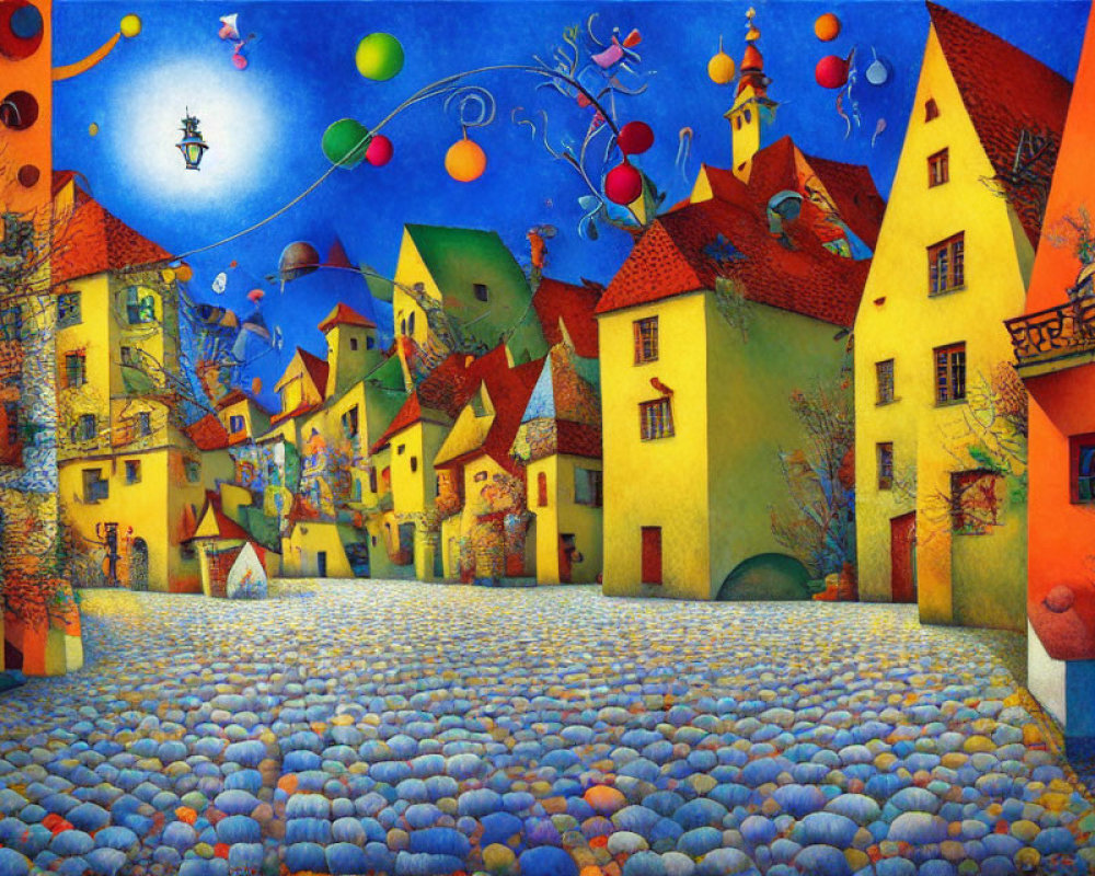 Vibrant painting of cobblestone plaza with whimsical houses and flying objects