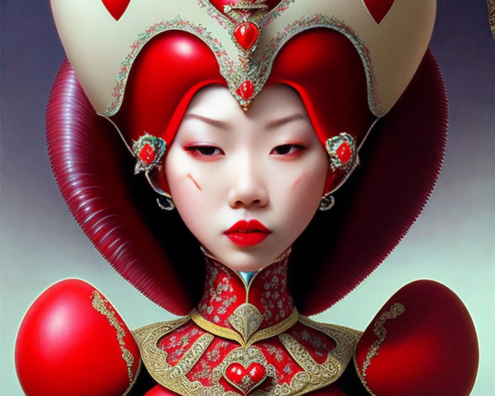 Digital Artwork: Woman in Elaborate Heart-Shaped Red and Gold Headdress