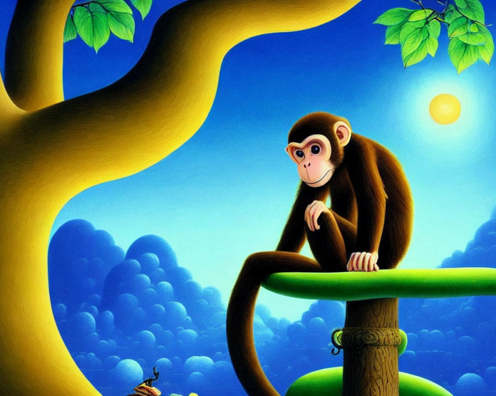 Illustration of monkey on tree branch at twilight with glowing sun and bird