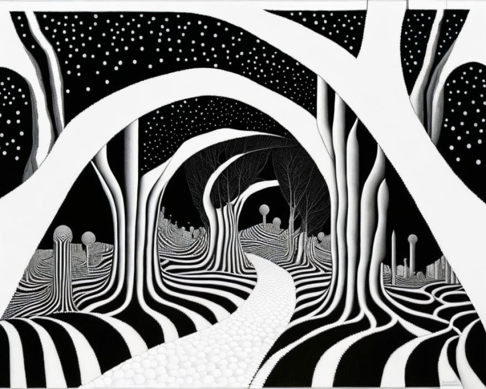 Monochrome abstract drawing of surreal landscape with patterned trees and winding path