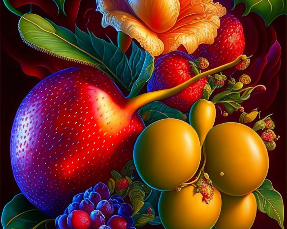 Colorful digital still life artwork of assorted fruits with a flower