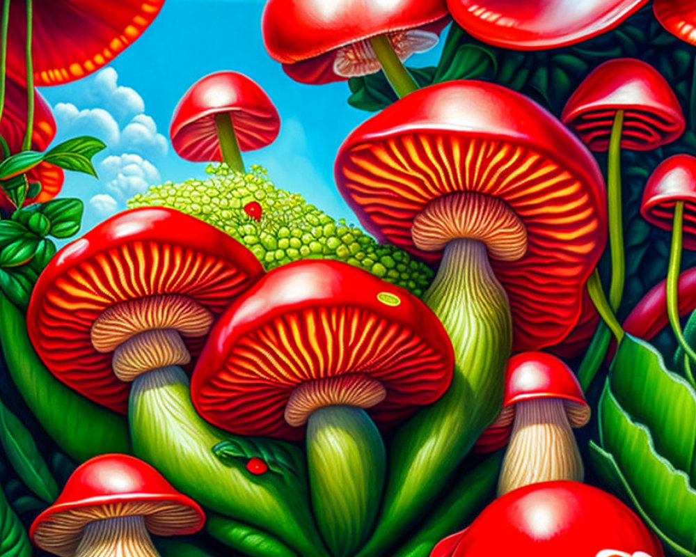 Colorful Mushroom Illustration Surrounded by Plants and Sky