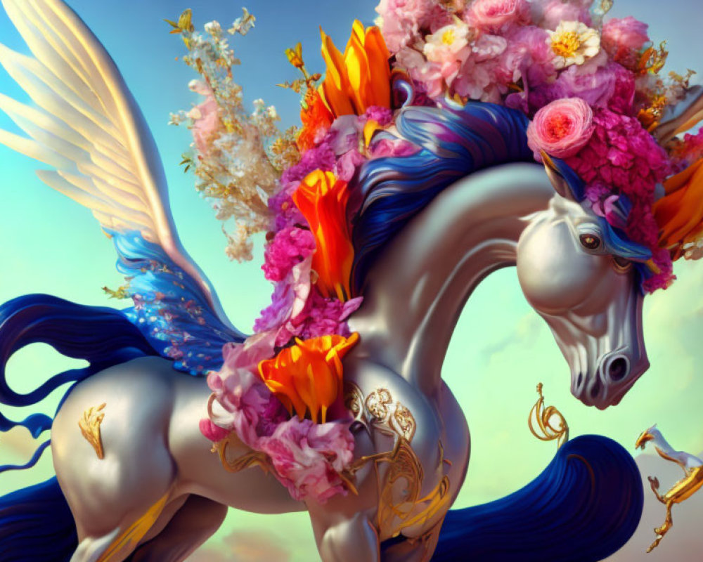 Colorful mythical pegasus with floral mane and golden details in a soft sky