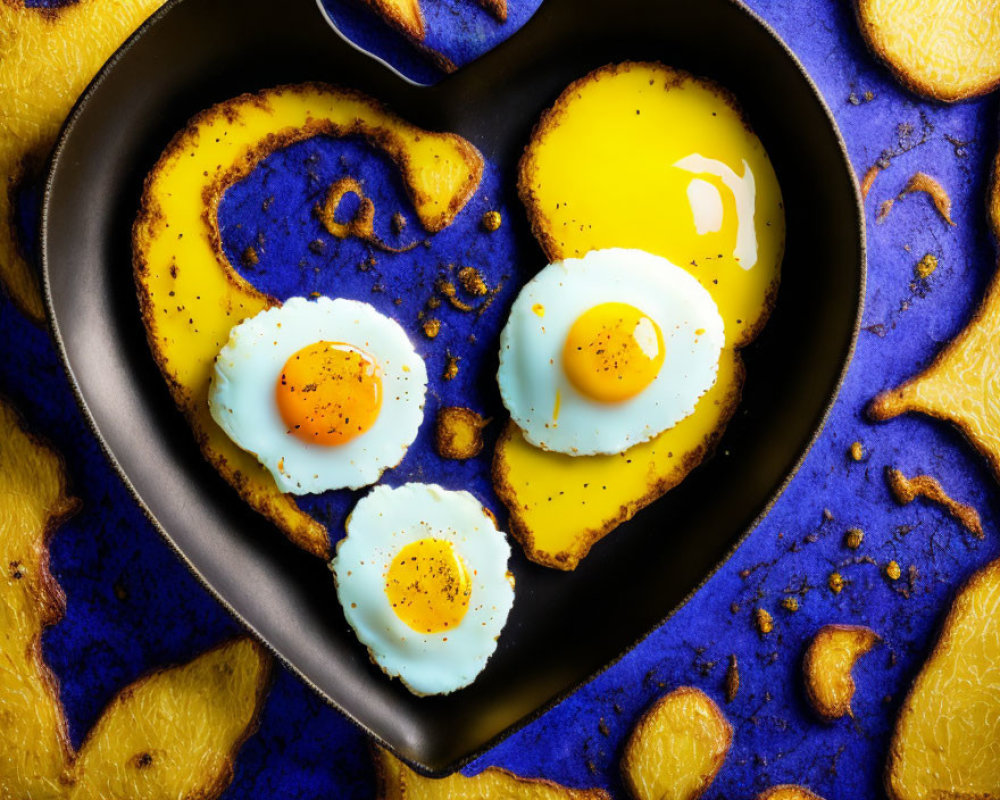 Heart-shaped pan with three sunny-side-up eggs on blue and yellow background