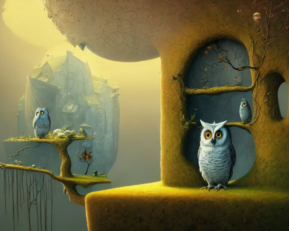 Whimsical owl illustration in fantasy treehouse village