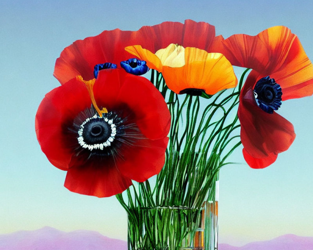 Colorful Poppy and Blue Flower Bouquet in Glass Vase on Gradient Sky Background