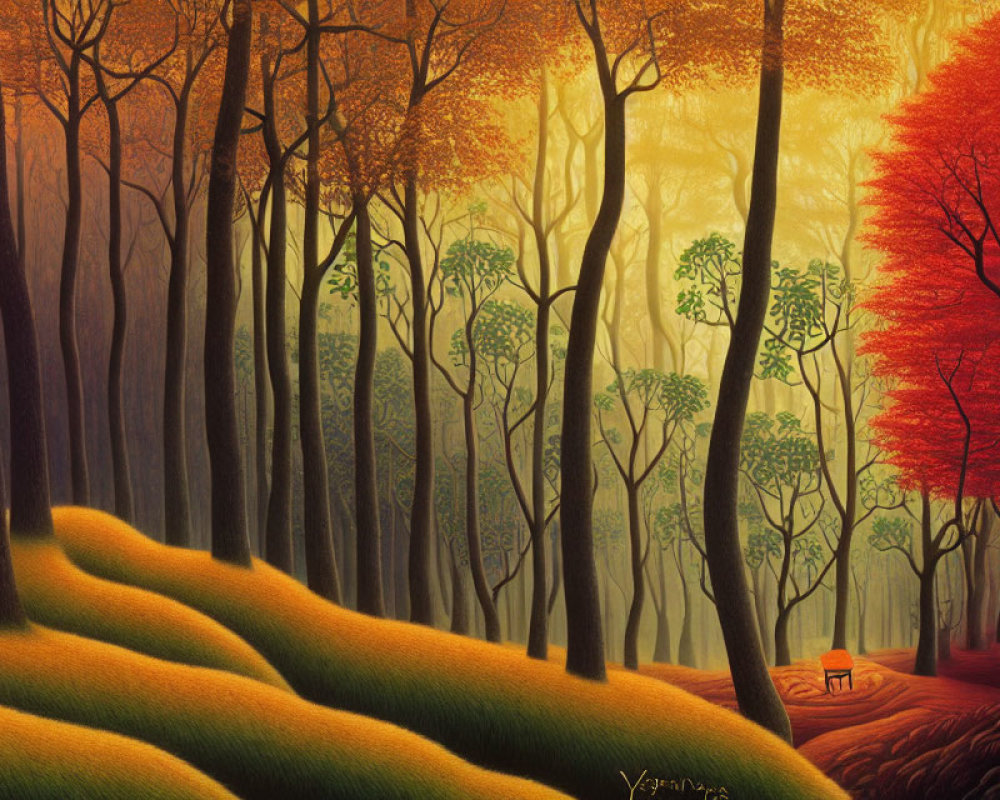 Autumn forest painting with green and orange trees