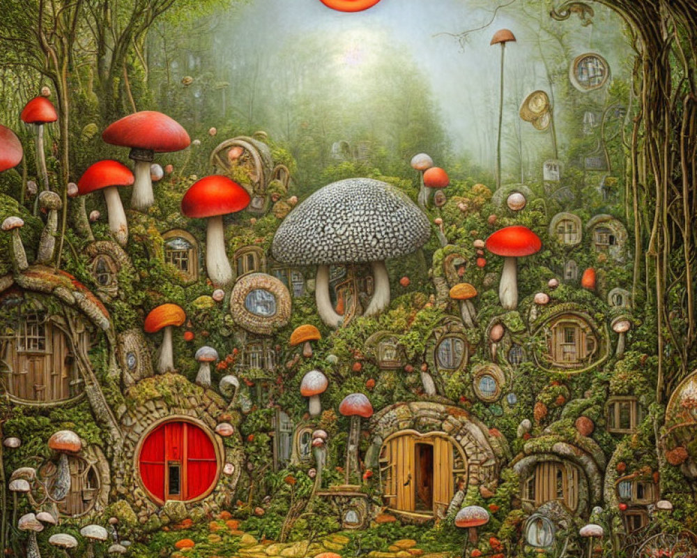 Enchanting forest scene with mushroom houses and eerie red eye