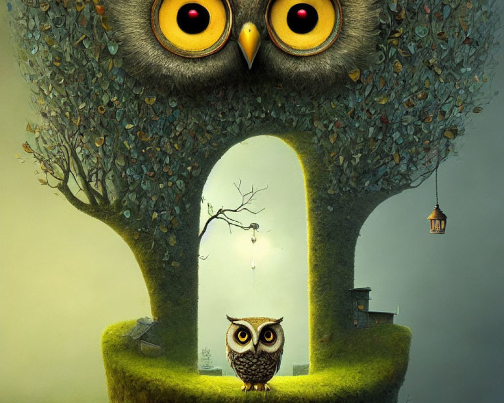 Illustration of large owl-shaped tree with smaller owl in misty setting