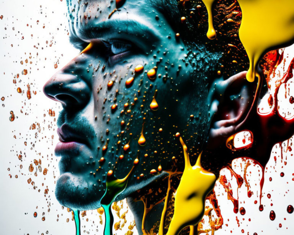 Vibrant man profile with colorful liquid splashes on white background