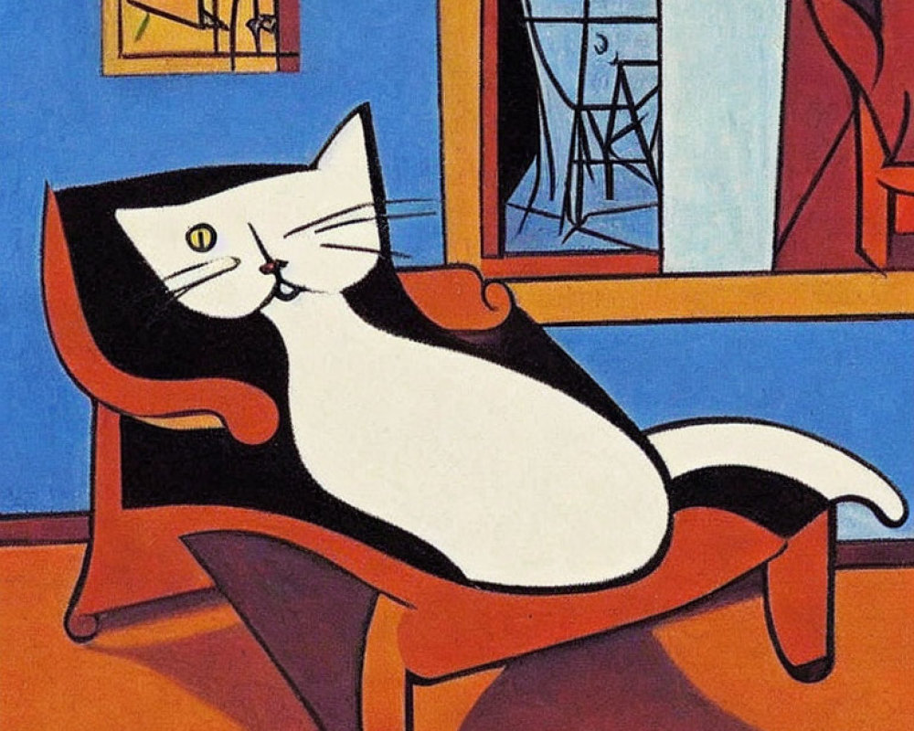 Colorful modernist painting of cat on chair with geometric shapes.