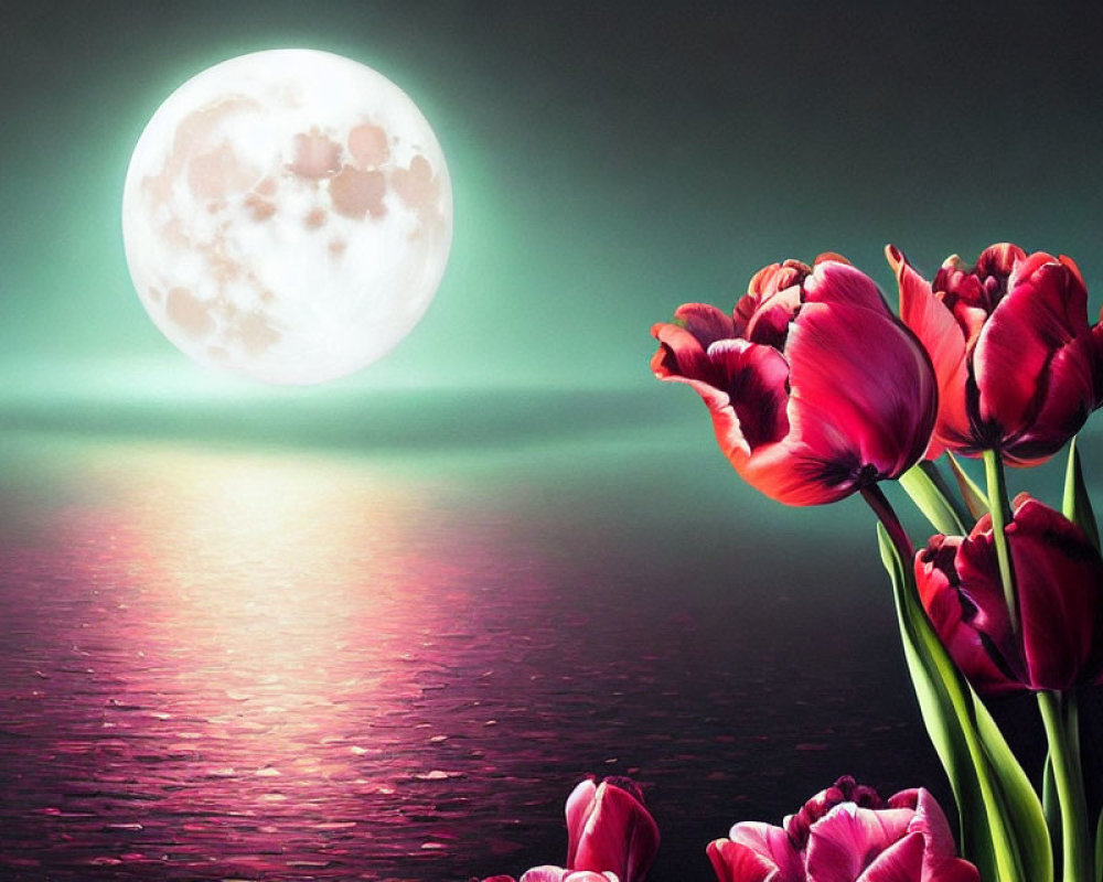 Full Moon Reflecting on Tranquil Sea with Red Tulips and Green Sky