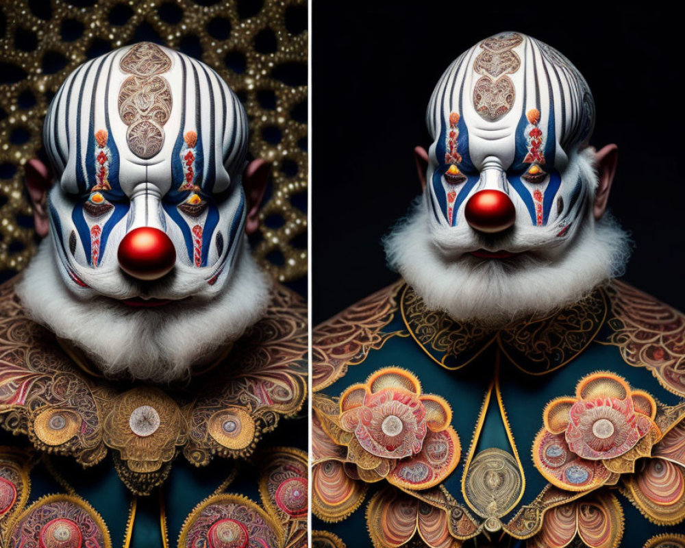 Clown with intricate makeup and floral outfit on dark background