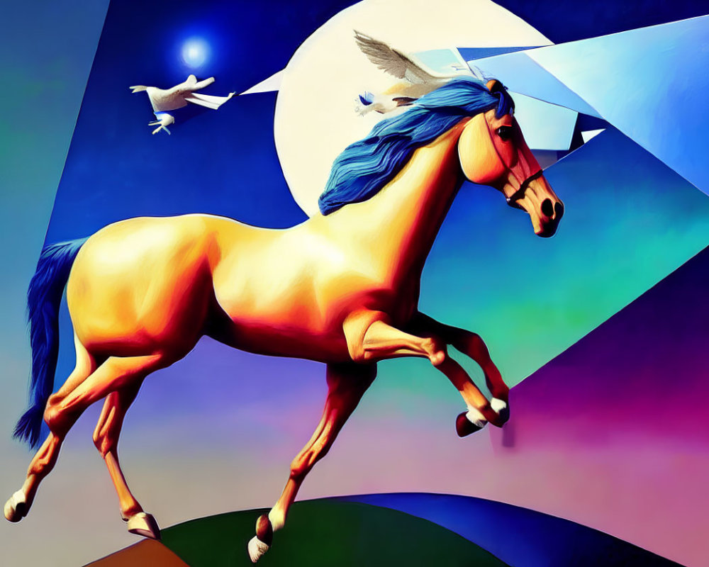 Colorful Digital Artwork: Mythical Unicorn with Bird and Geometric Shapes