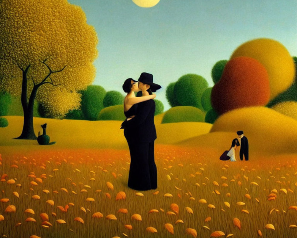 Whimsical field with embracing couple under large moon