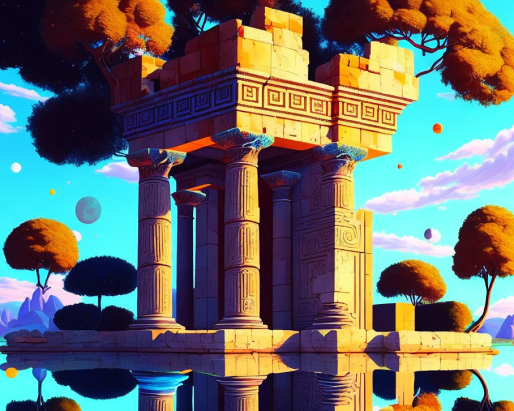 Illustration of ancient ruins with Greek columns in autumnal setting and surreal sky.