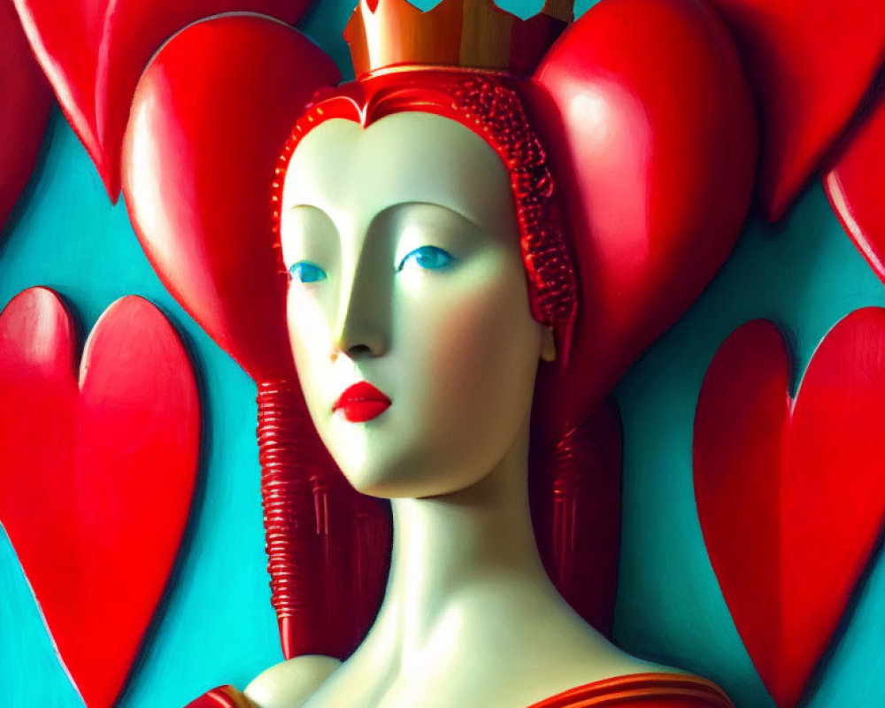 Stylized Queen of Hearts with crown and hearts on turquoise background