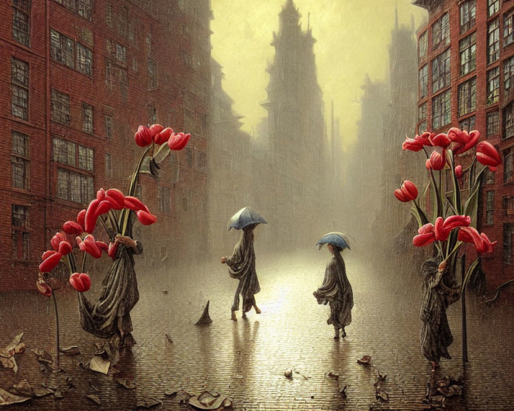 Three umbrella-headed figures in poppy-like cloaks stroll down rainy, cobbled street.