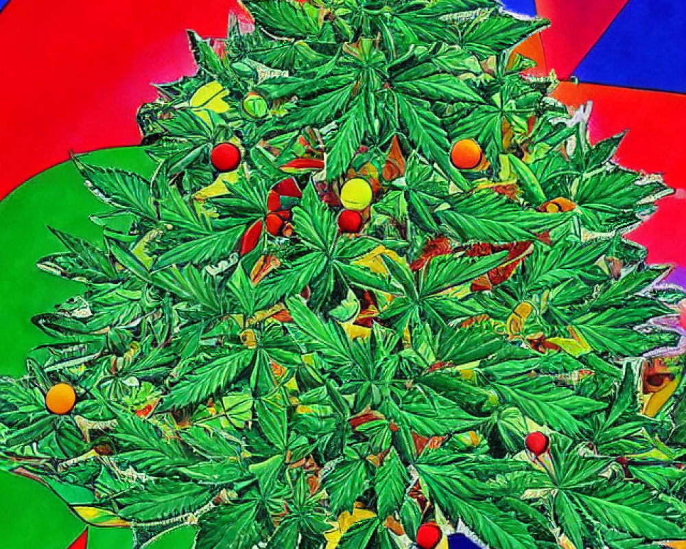 Colorful Cannabis Plant with Christmas Balls on Abstract Background