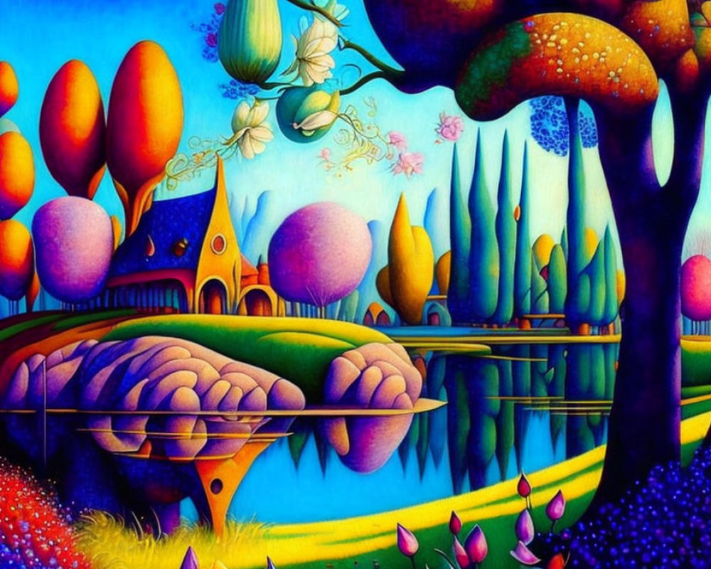 Colorful, Psychedelic Landscape with Whimsical Trees and River