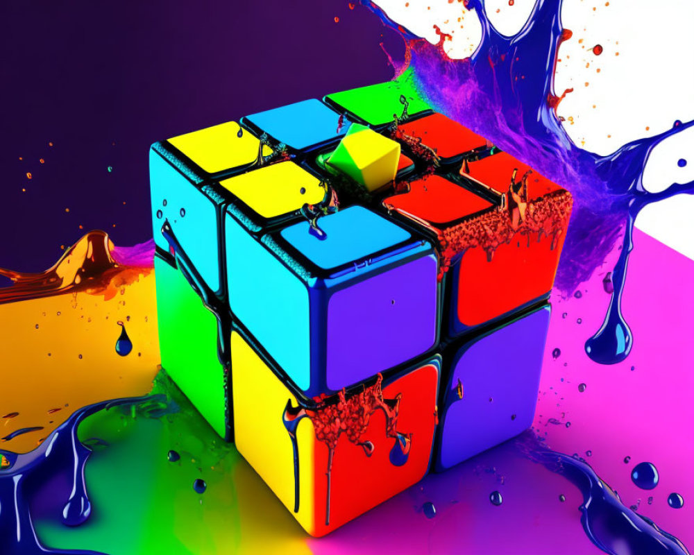 Vibrant 3D-rendered Rubik's Cube with paint splashes on colorful background