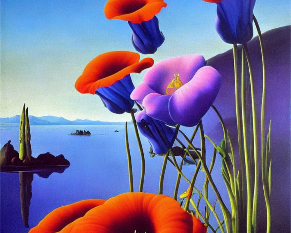 Colorful Painting: Bright Red and Blue Poppies by Tranquil Lake