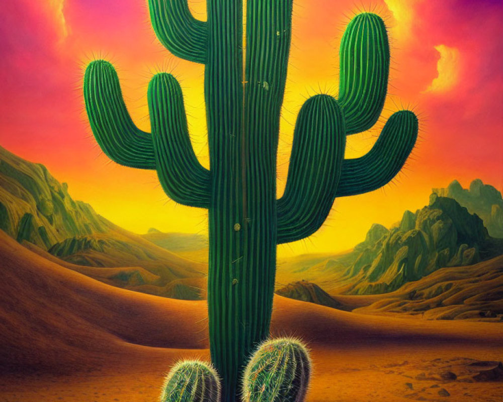 Colorful desert landscape painting with large cactus under dramatic sky