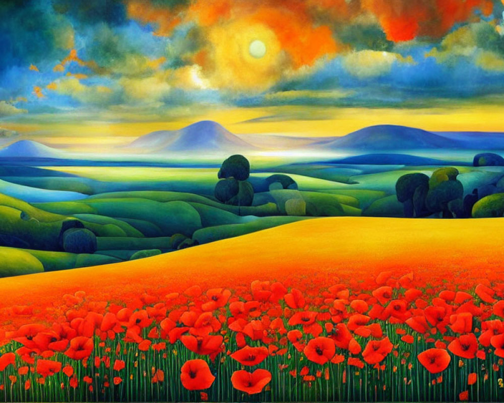 Colorful Poppy Field Painting with Sunset Sky