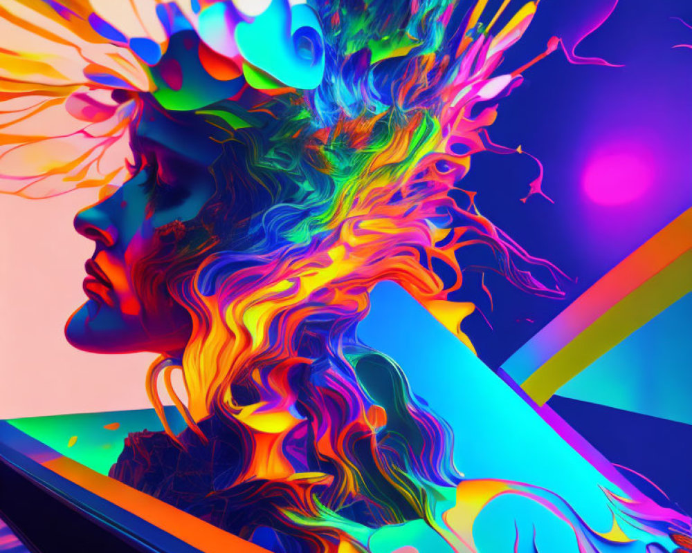 Vibrant multicolored hair on side profile with abstract shapes in colorful background