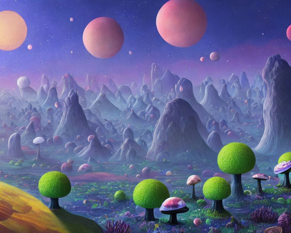 Colorful Landscape with Round Trees and Pink Orbs in Alien World