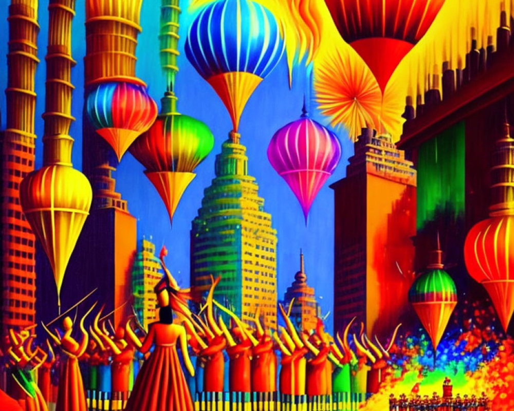 Colorful painting: Hot air balloons over futuristic cityscape