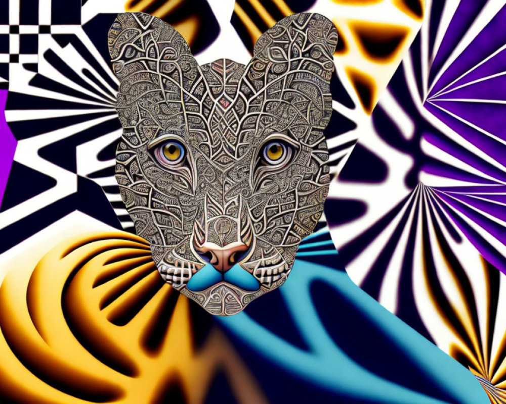 Colorful Leopard Head Digital Art Against Abstract Psychedelic Background