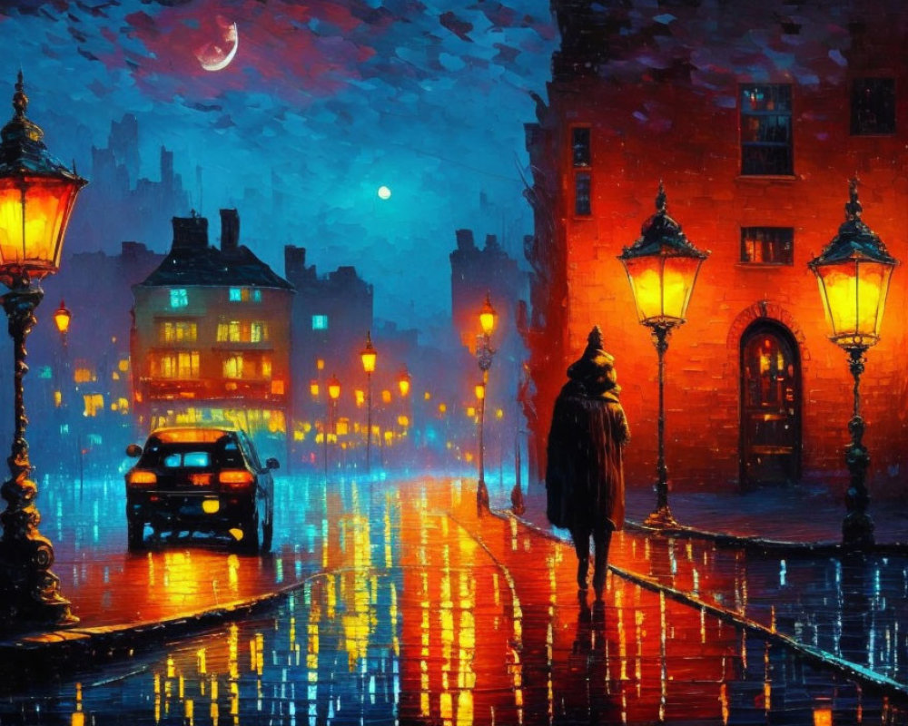 Person walking on rain-slicked cobblestone street under glowing lamp posts