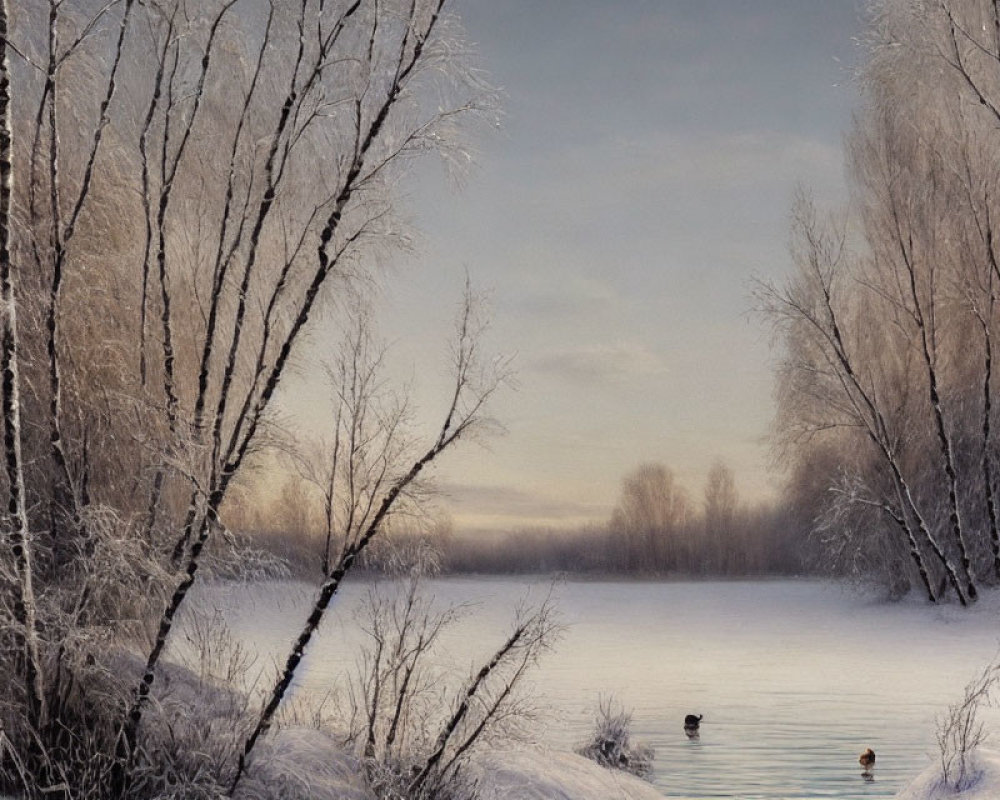 Tranquil winter scene with snow-covered riverbank, birch trees, ducks, and soft glow