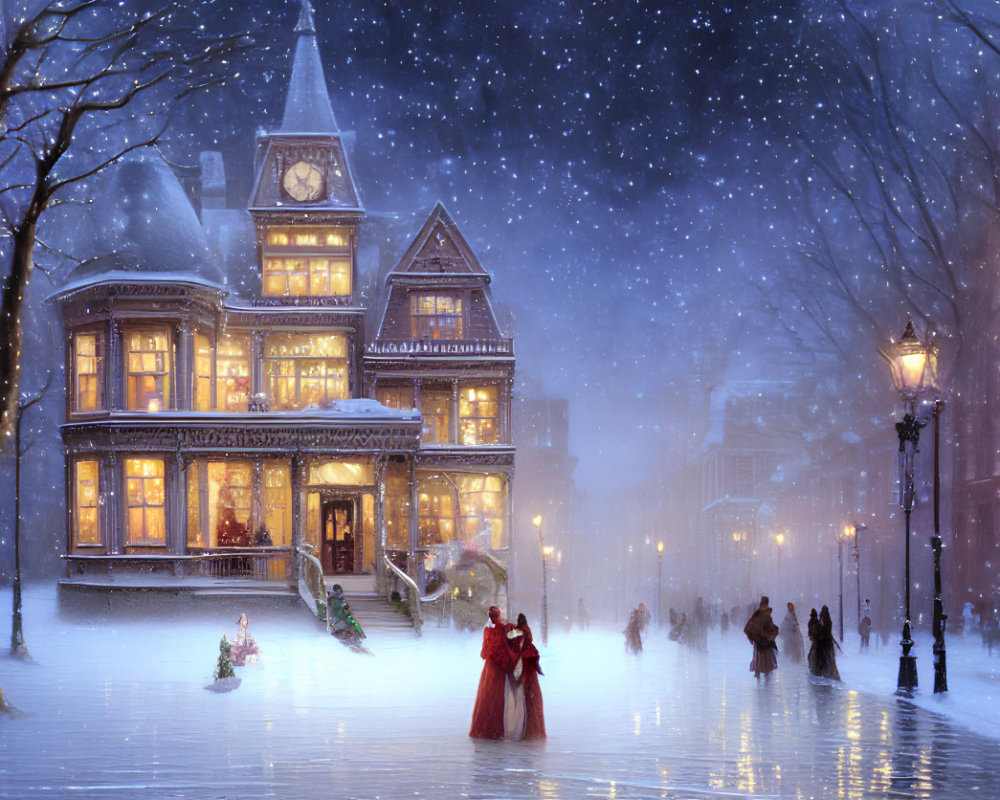 Victorian-style house at dusk in snowy evening with people walking and woman in red.