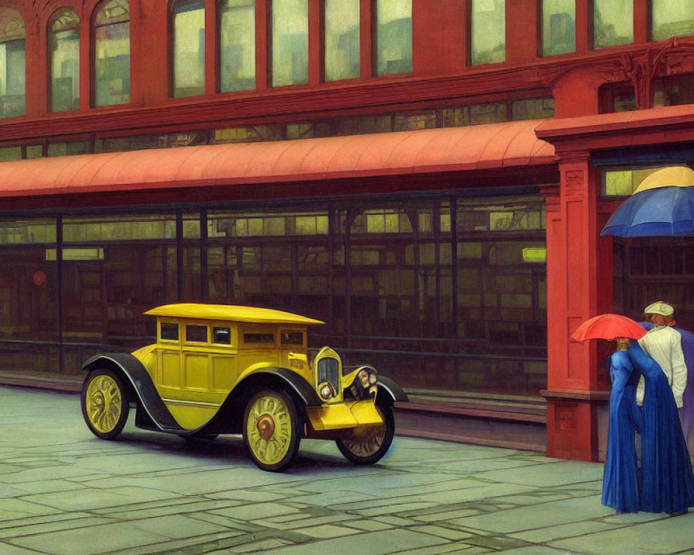 Vintage Yellow Car Parked in Front of Red Building with Women in Early 20th-Century