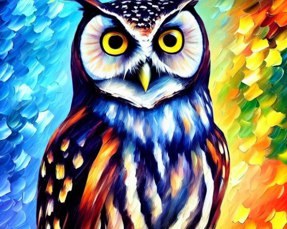 Colorful owl painting with psychedelic, vibrant hues